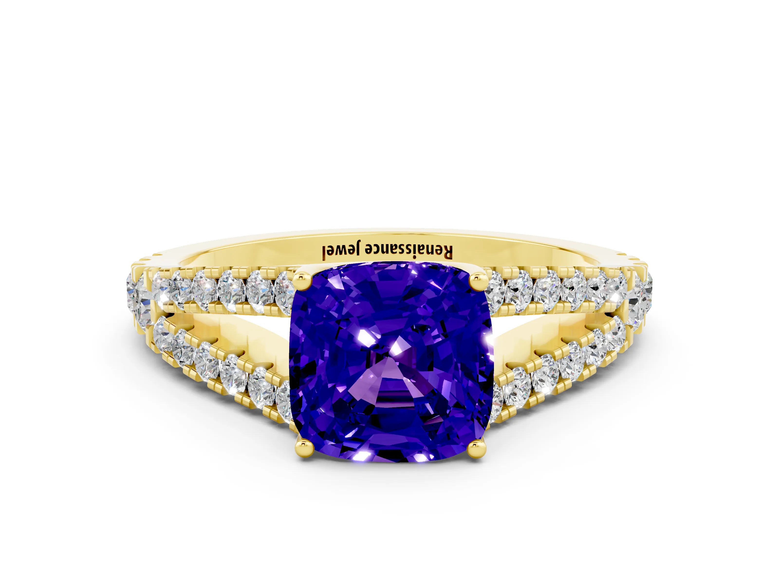 Yellow gold Cushion Cut Cut Split Shank Pave Diamond Engagement Ring with Four-Prong Setting