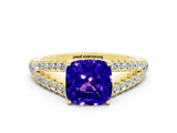 Yellow gold Cushion Cut Cut Split Shank Pave Diamond Engagement Ring with Four-Prong Setting