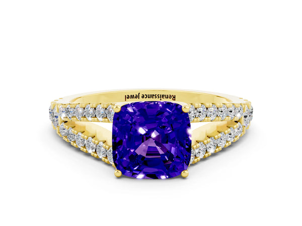 Yellow gold Cushion Cut Tanzanite Split Shank Engagement Ring with Round Pavé and Prong Setting
