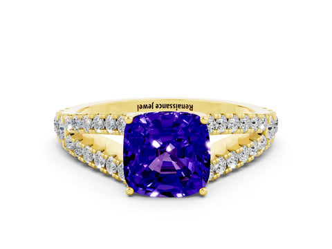 Yellow gold Cushion Cut Cut Split Shank Pave Diamond Engagement Ring with Four-Prong Setting