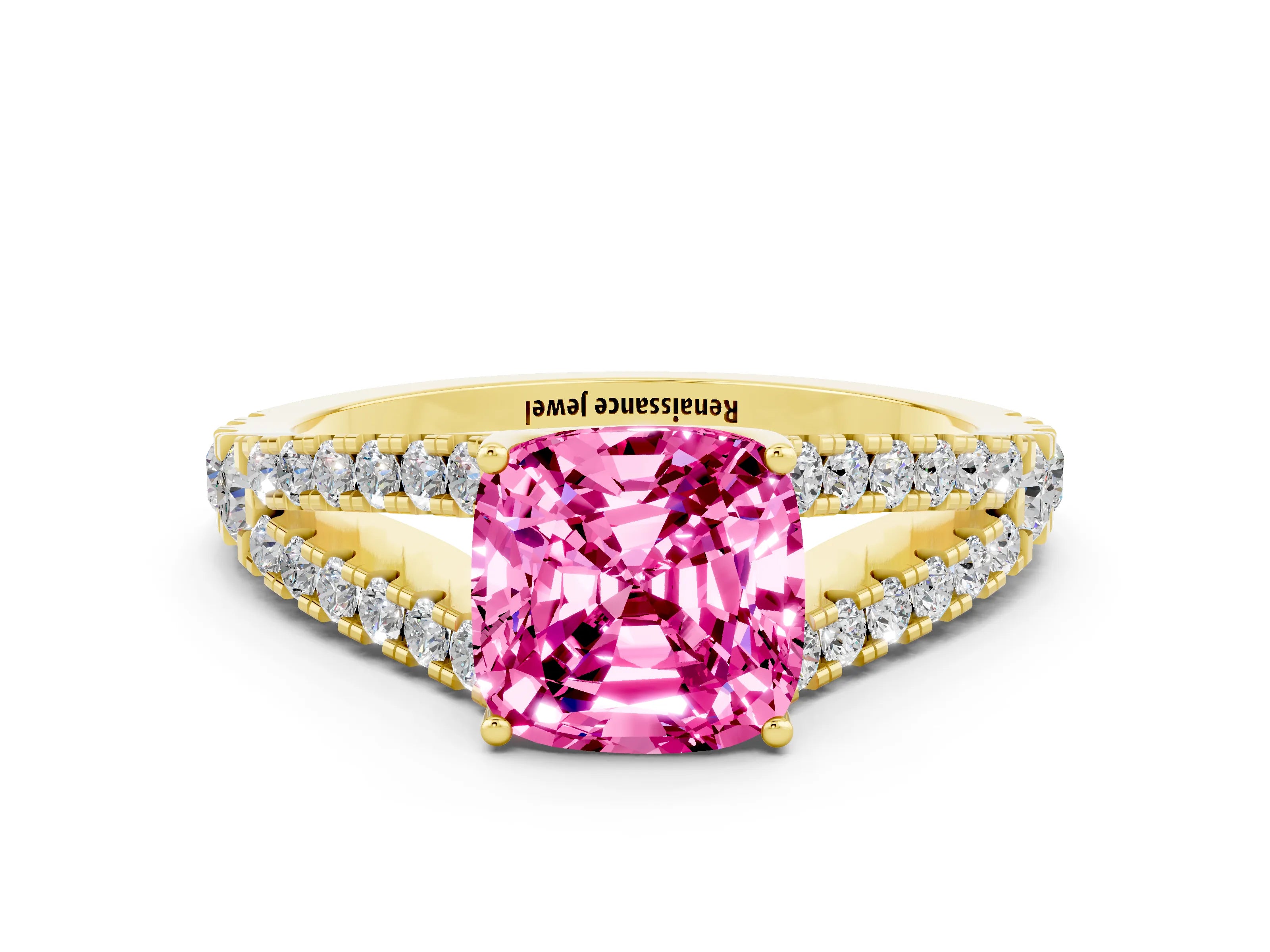 Yellow gold Cushion Cut Cut Split Shank Pave Diamond Engagement Ring with Four-Prong Setting