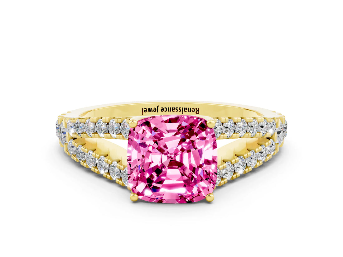 Yellow gold Cushion Cut Cut Split Shank Pave Diamond Engagement Ring with Four-Prong Setting