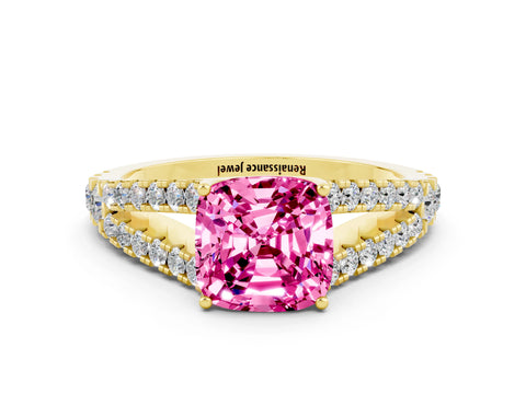 Yellow gold Cushion Cut Cut Split Shank Pave Diamond Engagement Ring with Four-Prong Setting