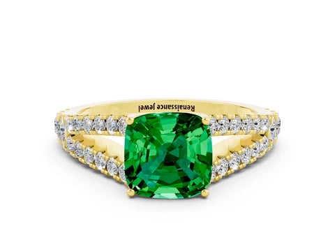 Yellow gold Cushion Cut Cut Split Shank Pave Diamond Engagement Ring with Four-Prong Setting