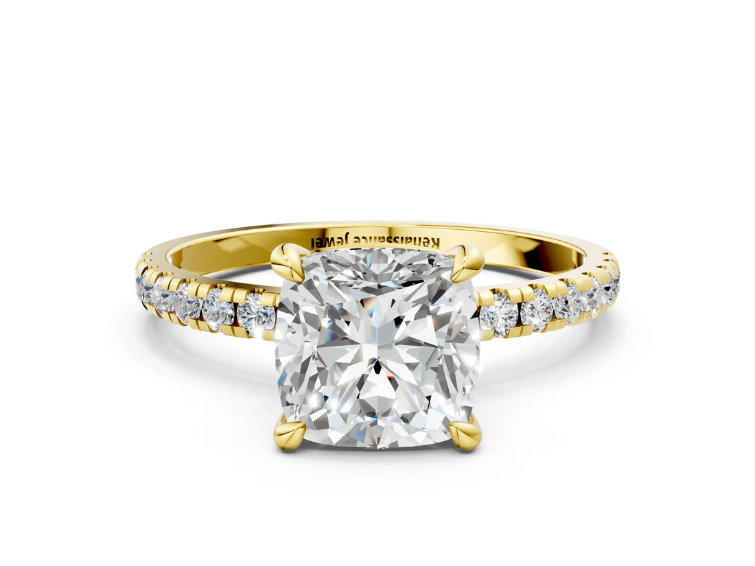 Yellow gold Cushion Cut Diamond Brilliant Solitaire Ring with Pavé Band and Four-Prong Setting_15
