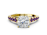 Yellow gold Cushion Cut Diamond Cathedral Solitaire Ring with Round with Amethyst side stone Pavé Band_12