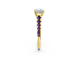 Yellow gold Cushion Cut Diamond Cathedral Solitaire Ring with Round with Amethyst side stone Pavé Band_14