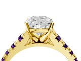 Yellow gold Cushion Cut Diamond Cathedral Solitaire Ring with Round with Amethyst side stone Pavé Band_16