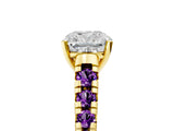 Yellow gold Cushion Cut Diamond Cathedral Solitaire Ring with Round with Amethyst side stone Pavé Band_17