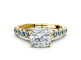 Yellow gold Cushion Cut Diamond Cathedral Solitaire Ring with Round with Aquamarine side stone Pavé Band_12
