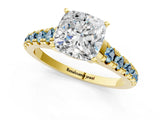 Yellow gold Cushion Cut Diamond Cathedral Solitaire Ring with Round with Aquamarine side stone Pavé Band_13