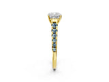 Yellow gold Cushion Cut Diamond Cathedral Solitaire Ring with Round with Aquamarine side stone Pavé Band_14