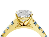 Yellow gold Cushion Cut Diamond Cathedral Solitaire Ring with Round with Aquamarine side stone Pavé Band_16