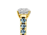 Yellow gold Cushion Cut Diamond Cathedral Solitaire Ring with Round with Aquamarine side stone Pavé Band_17