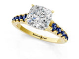 Yellow gold Cushion Cut Diamond Cathedral Solitaire Ring with Round with Blue Sapphire side stone Pavé Band_13