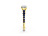 Yellow gold Cushion Cut Diamond Cathedral Solitaire Ring with Round with Blue Sapphire side stone Pavé Band_14