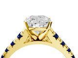 Yellow gold Cushion Cut Diamond Cathedral Solitaire Ring with Round with Blue Sapphire side stone Pavé Band_16