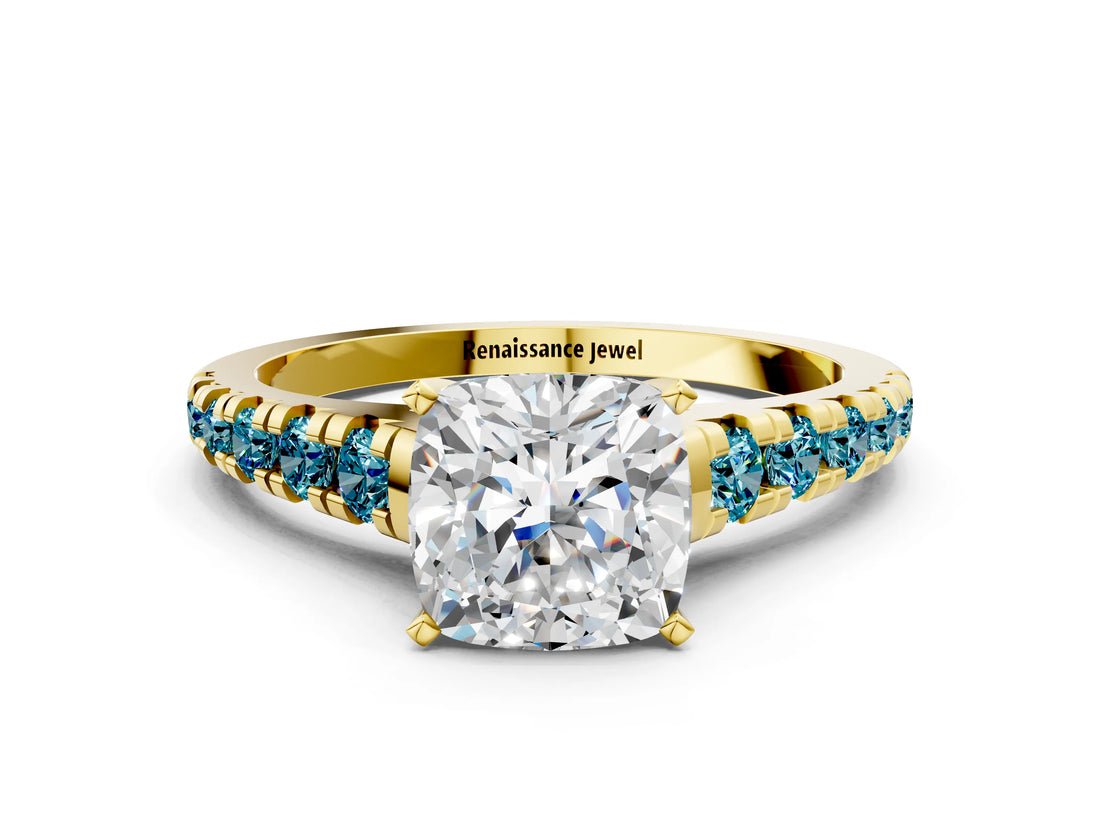 Yellow gold Cushion Cut Diamond Cathedral Solitaire Ring with Round with Blue Topaz side stone Pavé Band