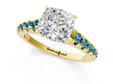 Yellow gold Cushion Cut Diamond Cathedral Solitaire Ring with Round with Blue Topaz side stone Pavé Band_1