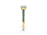 Yellow gold Cushion Cut Diamond Cathedral Solitaire Ring with Round with Blue Topaz side stone Pavé Band_2