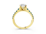 Yellow gold Cushion Cut Diamond Cathedral Solitaire Ring with Round with Blue Topaz side stone Pavé Band_3