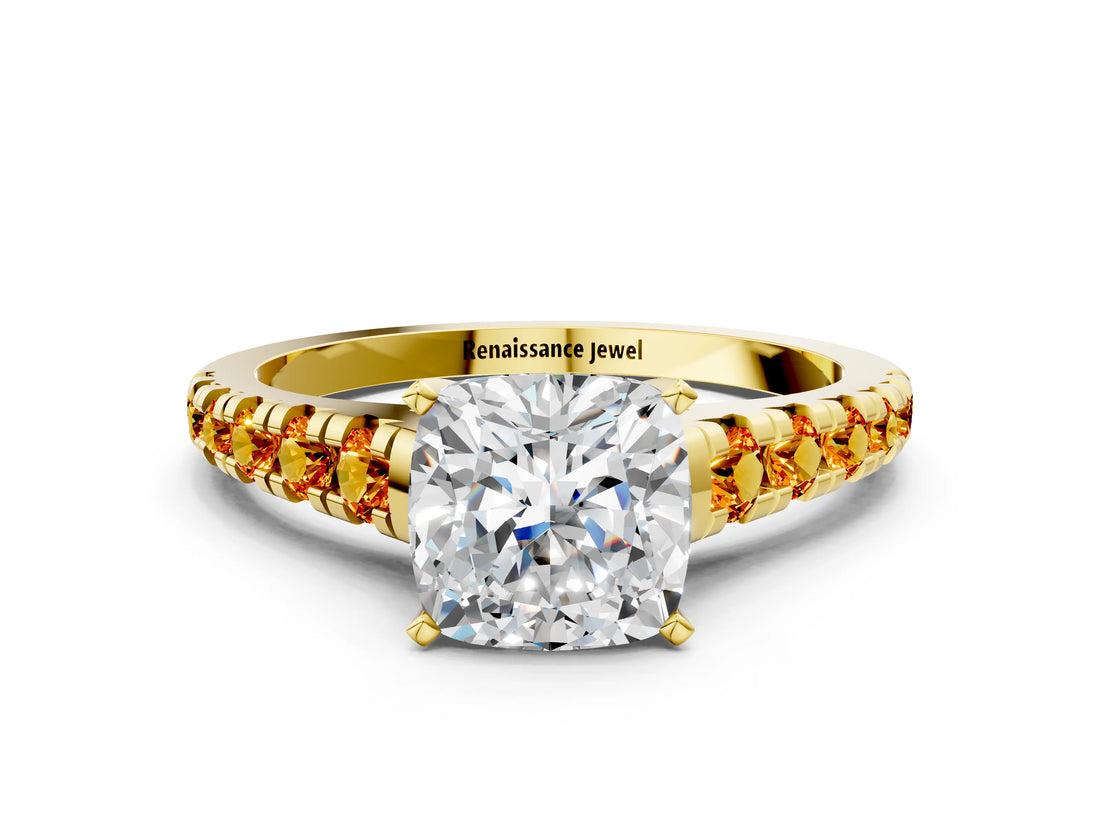 Yellow gold Cushion Cut Diamond Cathedral Solitaire Ring with Round with Citrine side stone Pavé Band_24