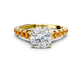 Yellow gold Cushion Cut Diamond Cathedral Solitaire Ring with Round with Citrine side stone Pavé Band_24