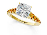 Yellow gold Cushion Cut Diamond Cathedral Solitaire Ring with Round with Citrine side stone Pavé Band_25