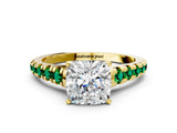 Yellow gold Cushion Cut Diamond Cathedral Solitaire Ring with Round with Emerald side stone Pavé Band