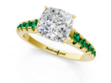 Yellow gold Cushion Cut Diamond Cathedral Solitaire Ring with Round with Emerald side stone Pavé Band_1