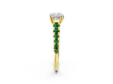 Yellow gold Cushion Cut Diamond Cathedral Solitaire Ring with Round with Emerald side stone Pavé Band_2