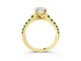 Yellow gold Cushion Cut Diamond Cathedral Solitaire Ring with Round with Emerald side stone Pavé Band_3
