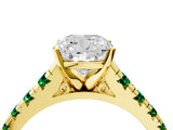 Yellow gold Cushion Cut Diamond Cathedral Solitaire Ring with Round with Emerald side stone Pavé Band_4