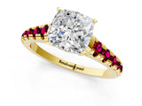 Yellow gold Cushion Cut Diamond Cathedral Solitaire Ring with Round with Garnet side stone Pavé Band_13