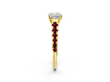 Yellow gold Cushion Cut Diamond Cathedral Solitaire Ring with Round with Garnet side stone Pavé Band_14