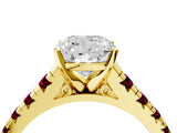 Yellow gold Cushion Cut Diamond Cathedral Solitaire Ring with Round with Garnet side stone Pavé Band_16