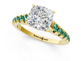 Yellow gold Cushion Cut Diamond Cathedral Solitaire Ring with Round with Green Sapphire side stone Pavé Band_13