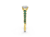 Yellow gold Cushion Cut Diamond Cathedral Solitaire Ring with Round with Green Sapphire side stone Pavé Band_14