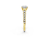 Yellow gold Cushion Cut Diamond Cathedral Solitaire Ring with Round with Moissanite side stone Pavé Band_26