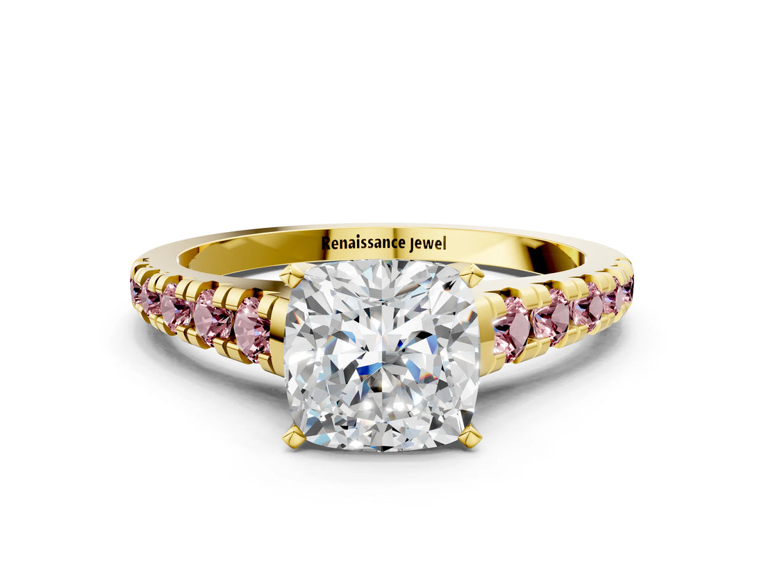 Yellow gold Cushion Cut Diamond Cathedral Solitaire Ring with Round with Morganite side stone Pavé Band_12