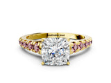 Yellow gold Cushion Cut Diamond Cathedral Solitaire Ring with Round with Morganite side stone Pavé Band_12
