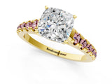 Yellow gold Cushion Cut Diamond Cathedral Solitaire Ring with Round with Morganite side stone Pavé Band_13