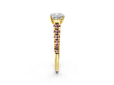 Yellow gold Cushion Cut Diamond Cathedral Solitaire Ring with Round with Morganite side stone Pavé Band_14