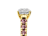 Yellow gold Cushion Cut Diamond Cathedral Solitaire Ring with Round with Morganite side stone Pavé Band_17
