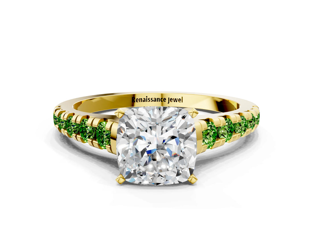 Yellow gold Cushion Cut Diamond Cathedral Solitaire Ring with Round with Peridot side stone Pavé Band