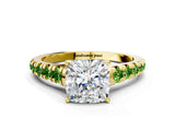 Yellow gold Cushion Cut Diamond Cathedral Solitaire Ring with Round with Peridot side stone Pavé Band