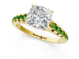 Yellow gold Cushion Cut Diamond Cathedral Solitaire Ring with Round with Peridot side stone Pavé Band_1
