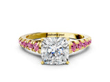 Yellow gold Cushion Cut Diamond Cathedral Solitaire Ring with Round with Pink Sapphire side stone Pavé Band_12