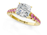 Yellow gold Cushion Cut Diamond Cathedral Solitaire Ring with Round with Pink Sapphire side stone Pavé Band_13