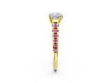 Yellow gold Cushion Cut Diamond Cathedral Solitaire Ring with Round with Pink Sapphire side stone Pavé Band_14